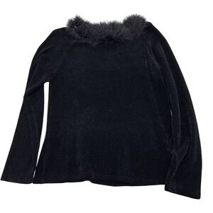 Chicos Sweater Women  L/12 Black Feather Collar‎ Luxury Knit Stretch Party VTG